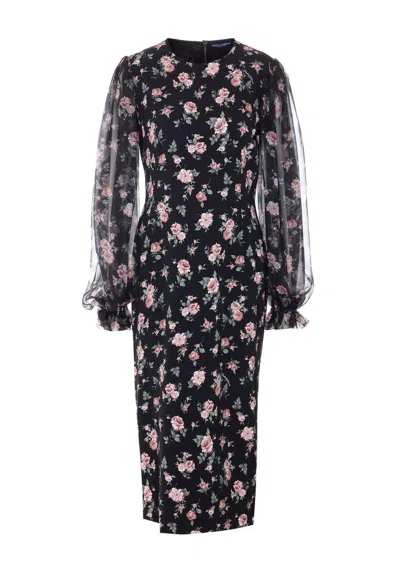 Dolce & Gabbana Women Black Dress With Round Neckline And All-over Floral Motif In Silk Blend Woman