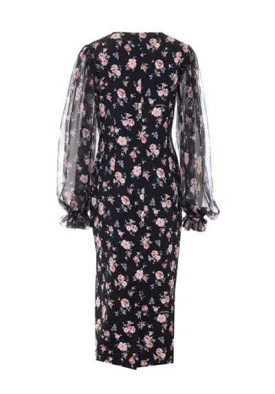 Dolce & Gabbana Women Black Dress With Round Neckline And All-over Floral Motif In Silk Blend Woman