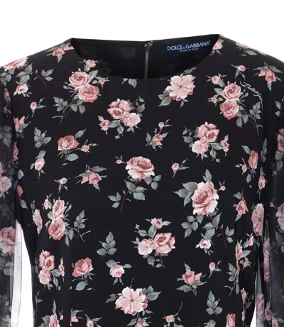 Dolce & Gabbana Women Black Dress With Round Neckline And All-over Floral Motif In Silk Blend Woman