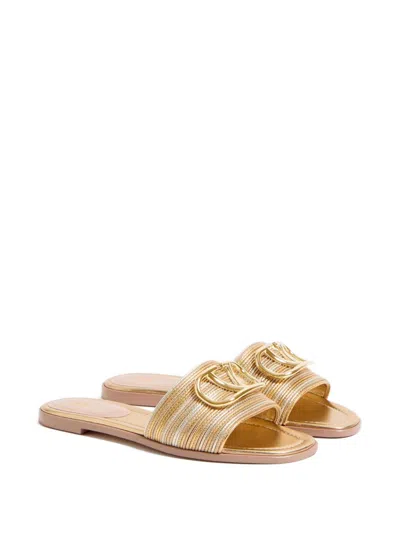 Valentino Garavani Vlogo Signature Metallic Leather Slide Sandal With Cornely Embroidery Woman Gold