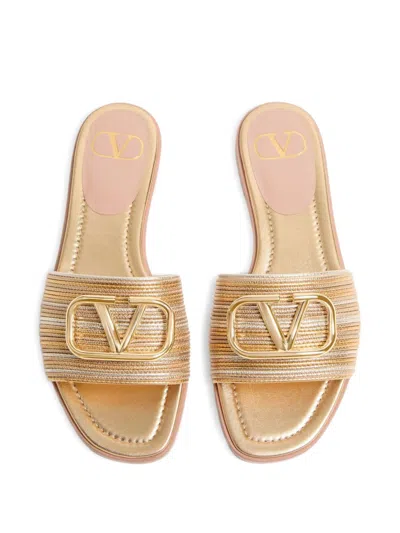 Valentino Garavani Vlogo Signature Metallic Leather Slide Sandal With Cornely Embroidery Woman Gold