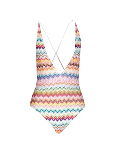 Missoni Multicolor One-piece Swimsuit With V-neck And All-over Zig-zag Motif In Stretch Viscose Blend Woman