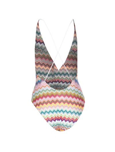 Missoni Multicolor One-piece Swimsuit With V-neck And All-over Zig-zag Motif In Stretch Viscose Blend Woman
