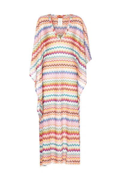Missoni Long Caftan Cover-up With Micro Pixel-effect Zigzag Pattern In Multi