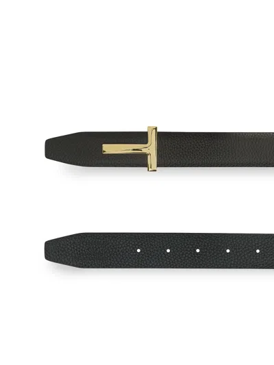 Tom Ford Brown Belt With T-plaque On The Front In Grained Leather Man In Metallic