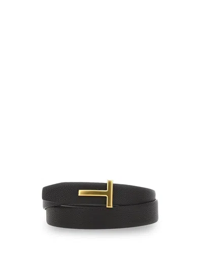 Tom Ford Brown Belt With T-plaque On The Front In Grained Leather Man In Metallic