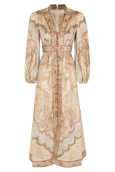 Zimmermann Wanderlust Multicolor Long Dress With V Neck And All-over Paisley Motif In Linen Woman