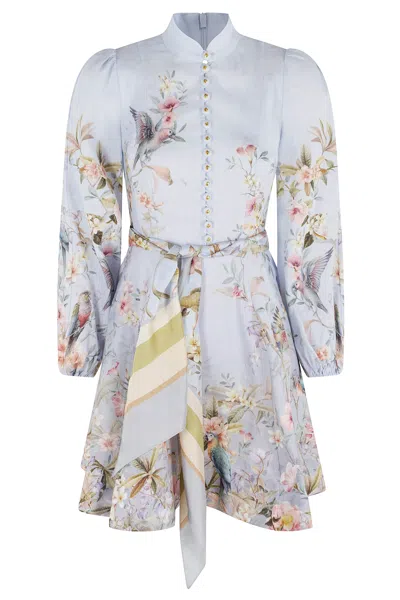 Zimmermann Rebellion Multicolor Midi Dress With Bow Detail On The Front And All-over Floral Print In Linen Woma In Blue