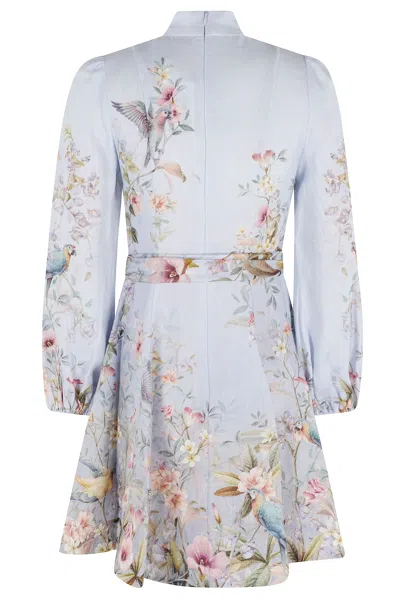 Zimmermann Rebellion Multicolor Midi Dress With Bow Detail On The Front And All-over Floral Print In Linen Woma In Blue