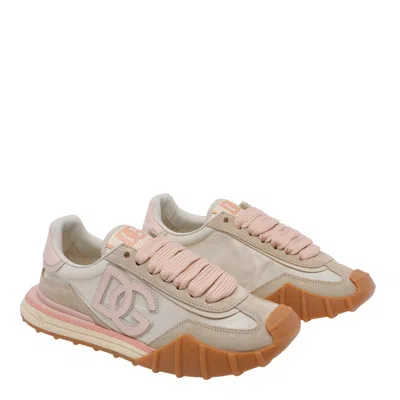 Dolce & Gabbana Dg Athletic Sneakers In Ivory And Pink Fabric And Leather In Multi