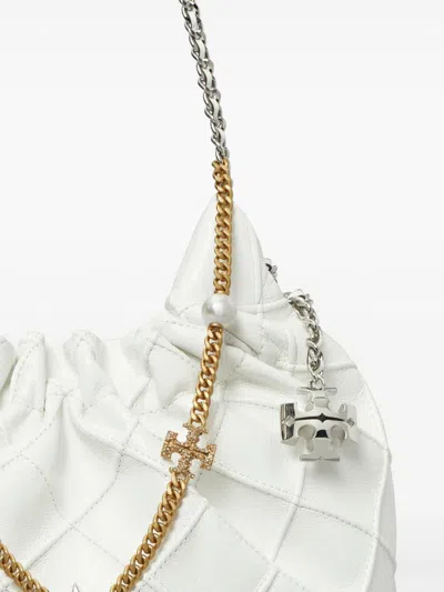 Tory Burch Mini Fleming Soft Distressed Drawstring Bag In White