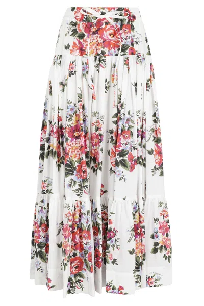 Dolce & Gabbana White Long Skirt With Floral Print And Elasticated Waistband In Cotton Woman