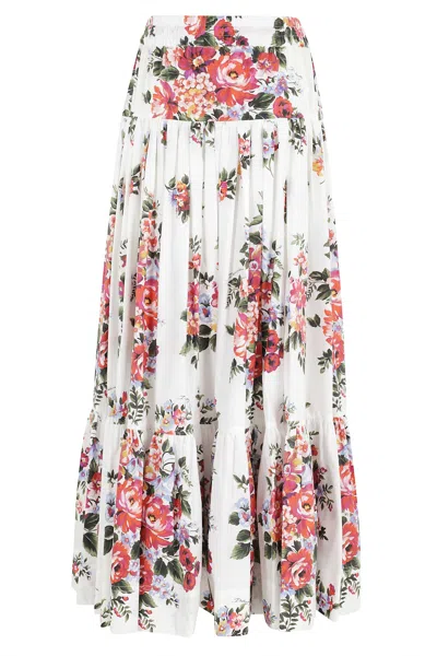 Dolce & Gabbana White Long Skirt With Floral Print And Elasticated Waistband In Cotton Woman