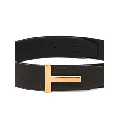 Tom Ford Brown Belt With T-plaque On The Front In Grained Leather Man In Black