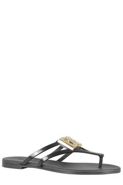 Dolce & Gabbana Black Thong Sandals With Logo Plaque On The Front In Rubber Woman
