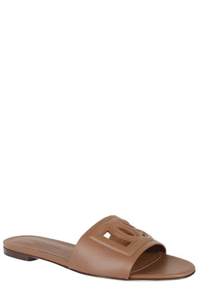 Dolce & Gabbana Women Slide Sandals With Cut Out Logo In Leather Woman In Multi