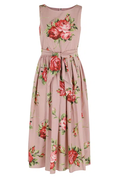 Dolce & Gabbana Abito Midi In Cotone Rosa Con Stampa Fiori Dolce E Gabbana In Pink