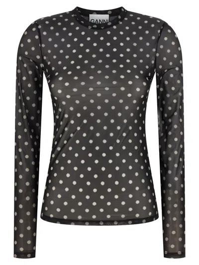 Ganni Sheer Polka Dot Long Sleeve Crew Sweater In Multi