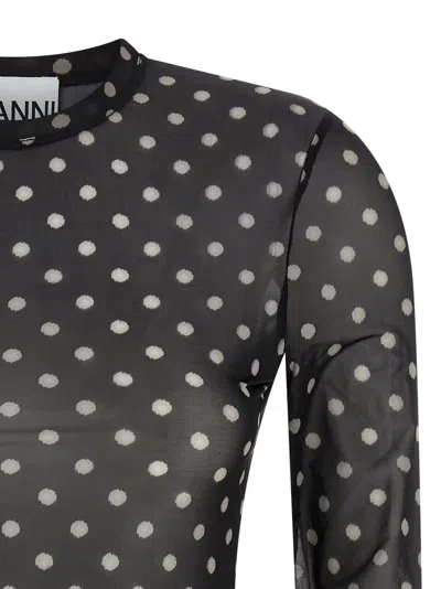Ganni Sheer Polka Dot Long Sleeve Crew Sweater In Multi