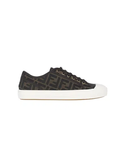 Fendi Low-top Sneakers With Monogram Pattern And Gold-tone Accents In Brown