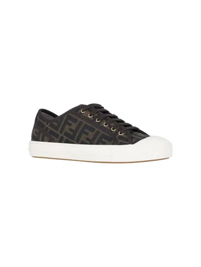 Fendi Low-top Sneakers With Monogram Pattern And Gold-tone Accents In Brown