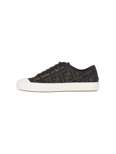 Fendi Low-top Sneakers With Monogram Pattern And Gold-tone Accents In Brown