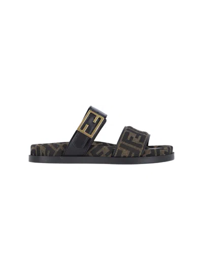 Fendi Leather Sandals With Double Strap And Buckle In Brown