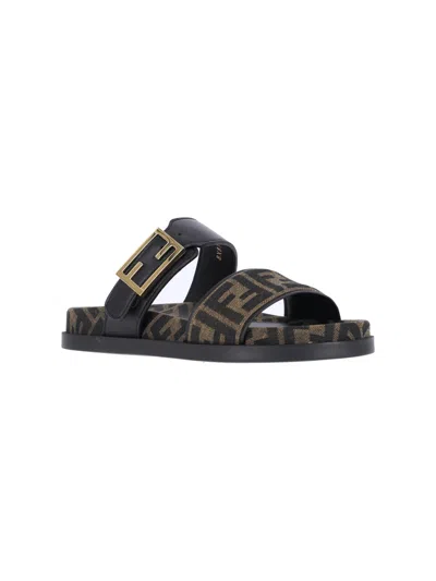 Fendi Leather Sandals With Double Strap And Buckle In Brown