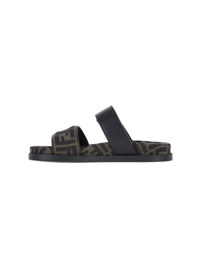 Fendi Leather Sandals With Double Strap And Buckle In Brown