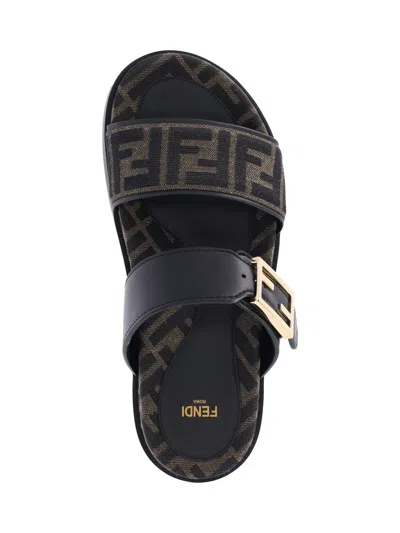 Fendi Leather Sandals With Double Strap And Buckle In Brown