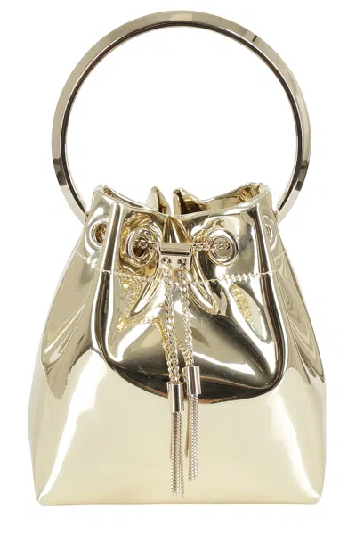 Jimmy Choo Shiny Mirror-effect Bon Bon Bag With Chain Drawstring And Metal Handle In Gold