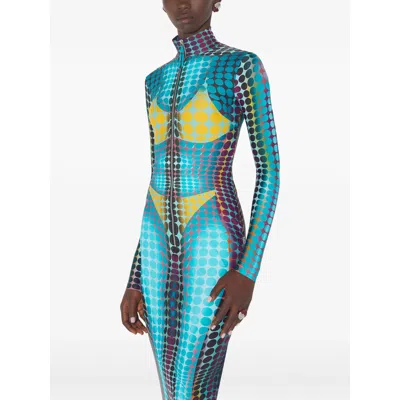 Jean Paul Gaultier High Neck Multicolored Polka Dot Maxi Dress In Blue