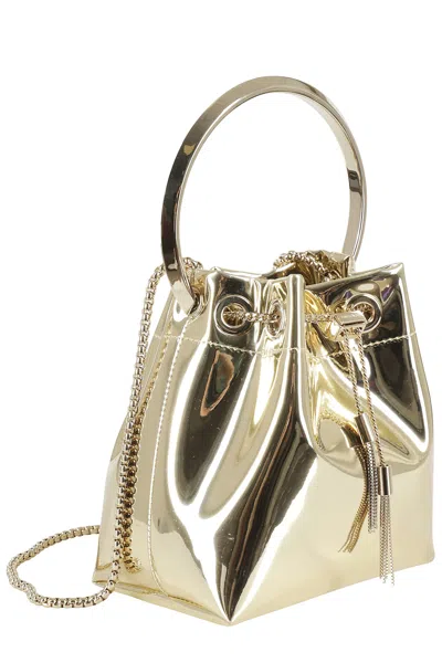 Jimmy Choo Shiny Mirror-effect Bon Bon Bag With Chain Drawstring And Metal Handle In Gold