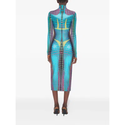 Jean Paul Gaultier High Neck Multicolored Polka Dot Maxi Dress In Blue
