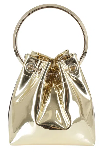 Jimmy Choo Shiny Mirror-effect Bon Bon Bag With Chain Drawstring And Metal Handle In Gold