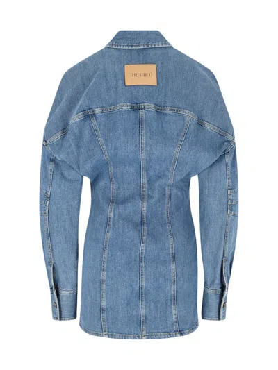 Attico Denim Mini Dress Front Pockets Long Sleeves In Blue