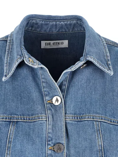 Attico Denim Mini Dress Front Pockets Long Sleeves In Blue