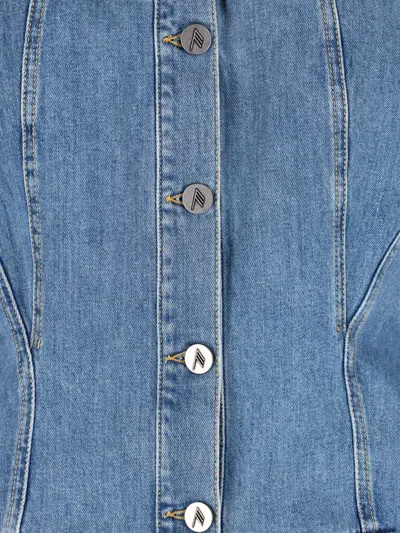 Attico Denim Mini Dress Front Pockets Long Sleeves In Blue