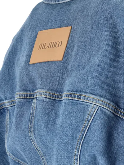 Attico Denim Mini Dress Front Pockets Long Sleeves In Blue