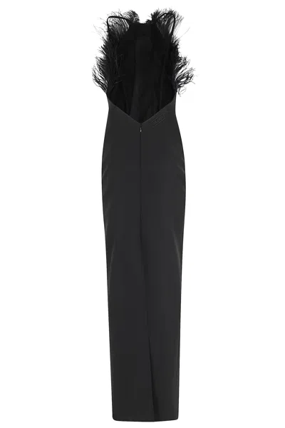 Attico Long Dress Cady Ostrich Feathers Detail In Brown