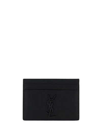 Saint Laurent Black Card-holder With Tonal Cassandre In Grain De Poudre Leather Man