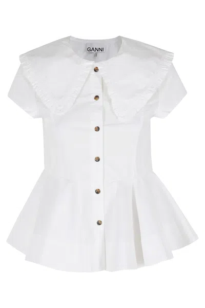 Ganni Peplum Top Short Sleeves Ruffled Collar In Neutral