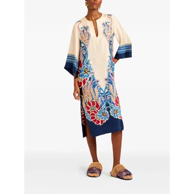 La Doublej The Kaftan Multicolor Silk Kaftan With V Neck And All-over Floral Print Woman In White