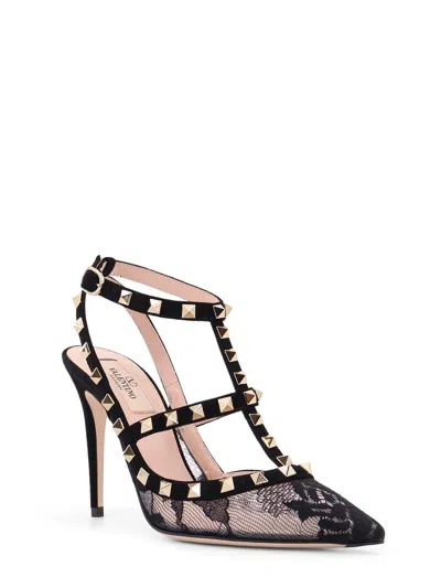Valentino Garavani Valentino Rockstud 100 Lace And Suede Pumps In Black