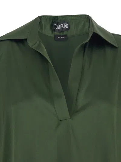 Tom Ford Stretch Silk Satin Polo With Tonal Tf Embroidered Logo Clothing In Green