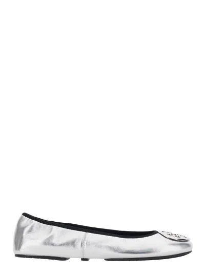 Tory Burch Silver Colored Ballerinas With Logo Plaque On The Front And Elasticated Design In Leather Woman
