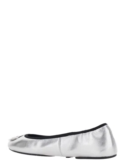Tory Burch Silver Colored Ballerinas With Logo Plaque On The Front And Elasticated Design In Leather Woman