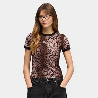 Puma Essentials Bedazzled Rhinestone Embellished Leopard Print Cotton Graphic T-shirt In Brown