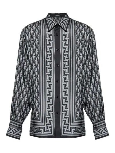 Versace Blue Geometric Greek Key Silk Shirt In Gray