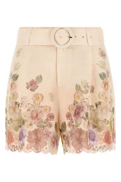 Twinset Beige Shorts With Floral Print And Waist Belt In Linen Woman In Neutral